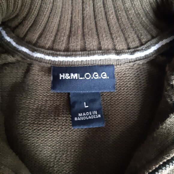 H&M L.O.G.G. SZ L Olive Green Cotton Mock Neck 1/4 Zip Men's Sweater - Picture 3 of 14